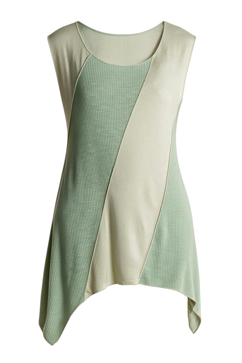Trestles Clothing Company sage green sleeveless cut and sew top with exposed seams and a shark-bite hem